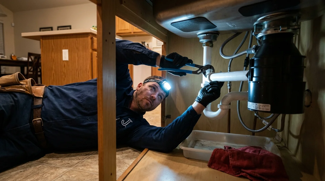 P-trap and supply line connections under a kitchen sink showing a common leak point in Tolleson, AZ